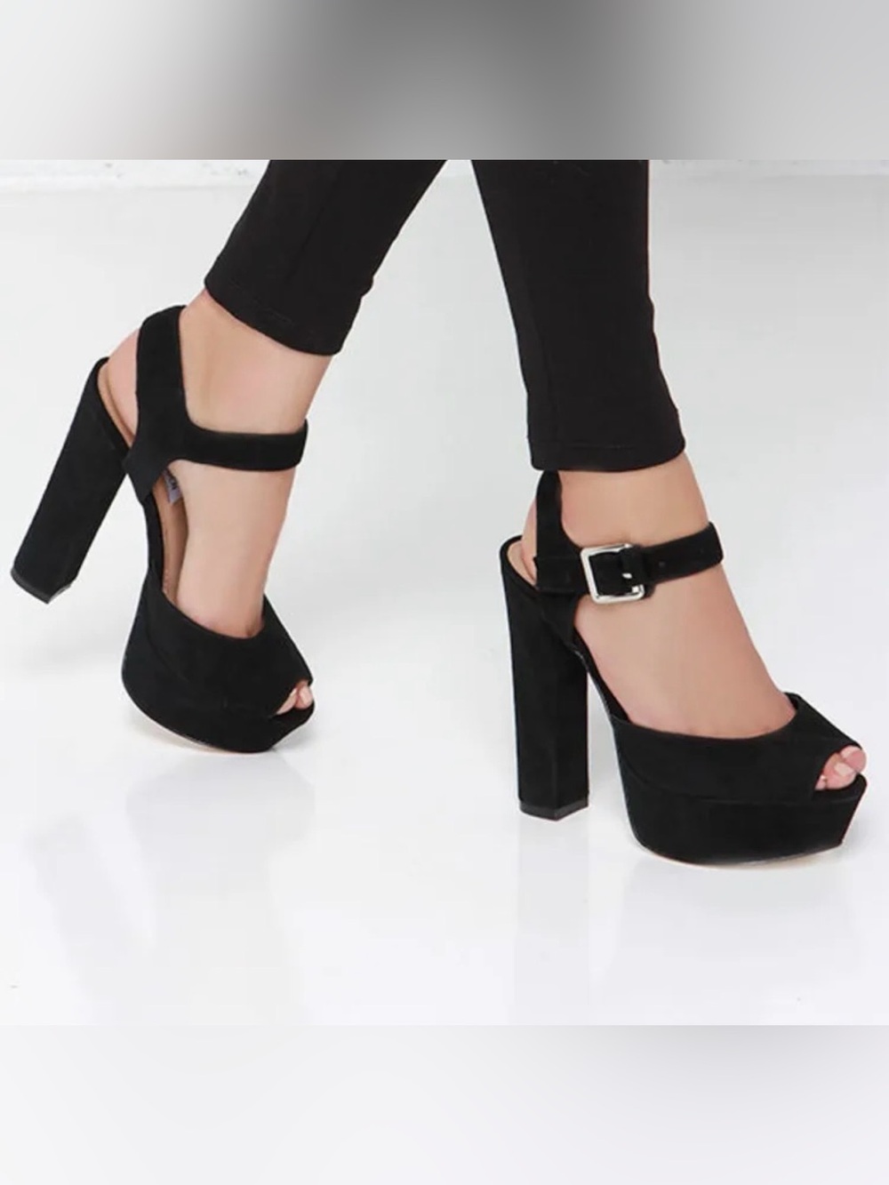 Steve Madden Black Suede Platform Block Heels with Ankle Buckle Size 6.5
